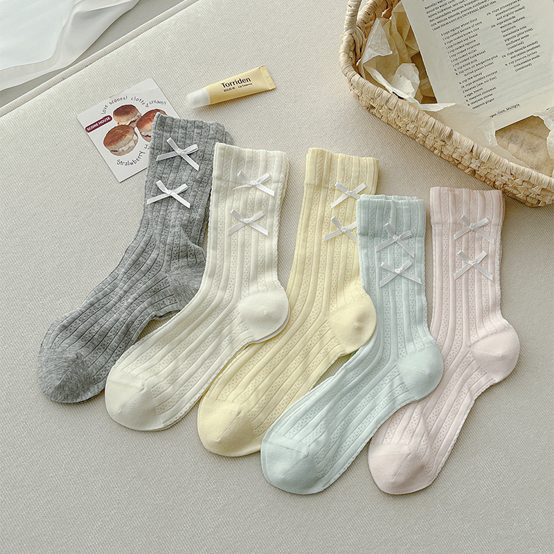 2025 Spring and Summer New Ballet Style Socks Women's Sweet Cute Bow Mid-Tube Socks Sweat Absorbing Boneless Piled Socks for Women