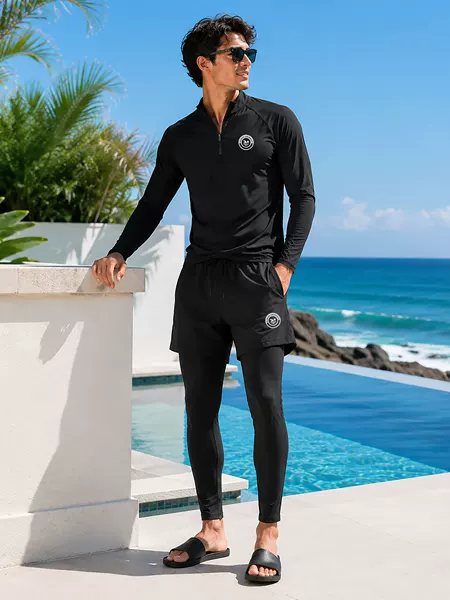 Men's Long-Sleeved Two-Piece Swimsuit with Half-Zip Stand-Up Collar, Quick-Dry Sun-Protective Diving Suit, Double-Layer Pants, Plus-Size Surfing Rash Guard