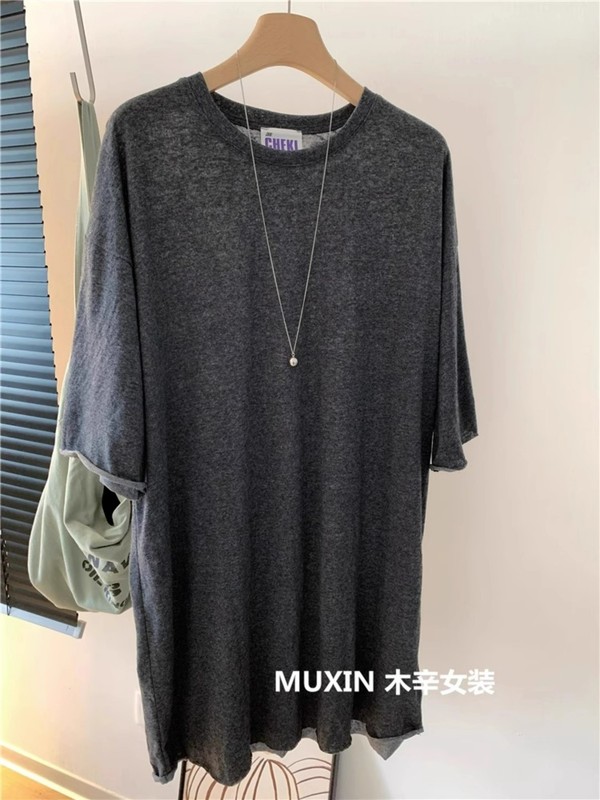 韩版女装麻感棉毛边宽松中长款夏季薄款纯色复古T恤连衣裙短袖ins|undefined