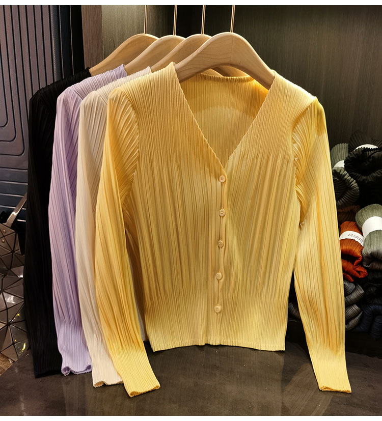 Áo cardigan cổ chữ V dáng ngắn tay dài mới xuân hè — Màu xanh lam nhạt, Màu đen, Màu tím nhạt, Màu hồng chi tiết 4