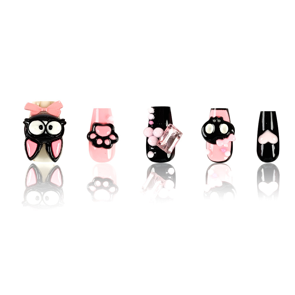 10 piezas decodificadas gatos negros Jigi piezas de uñas de dibujos animados esqueleto de amor piezas de uñas de fototerapia hechas a mano de uñas de uso avanzado