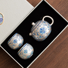 999青花銀茶器セットビジネス高級プレゼント一壺二杯の工夫茶器を入れてティーポットを入れます。