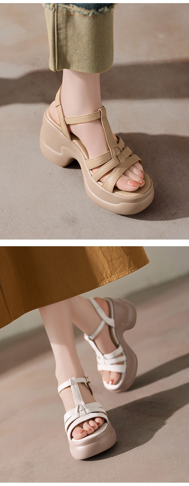 Sandal nữ hở mũi da bò thật gót xuồng đế dày quai chữ T — màu trắng ngà chi tiết 6