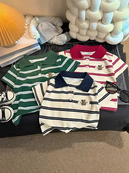 Korean-Style Children's Clothing, Pure Cotton Polo Shirt for Boys and Girls, Striped Bear Embroidery, Short-Sleeved, Soft, Comfortable, Breathable, Not Stuffy and Sweaty