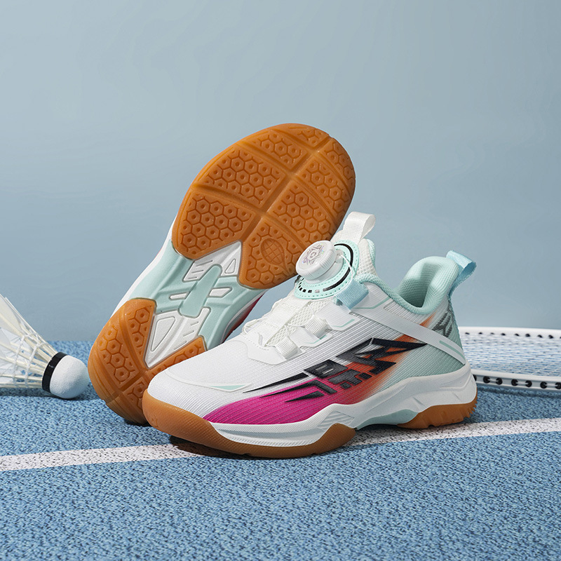 Professional badminton shoes for children, featuring a no-tie design, breathable mesh upper, shock-absorbing sole, and durable rubber outsole, suitable for both boys and girls, ideal for training and sports