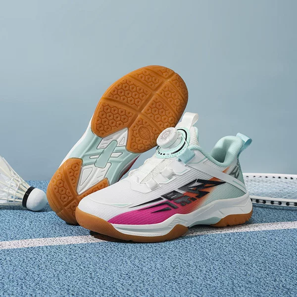 Professional badminton shoes for children, featuring a no-tie design, breathable mesh upper, shock-absorbing sole, and durable rubber outsole, suitable for both boys and girls, ideal for training and sports