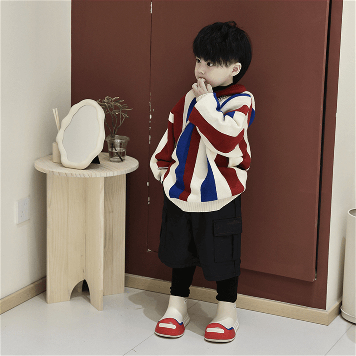Boys' Striped Hooded Knitted Long-Sleeved Sweater, 2026 Autumn/Winter New Style, Popular Pullover Sweater for Medium and Large Children