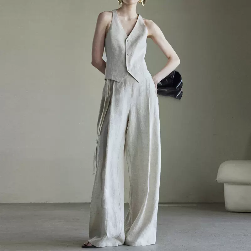 现货Moga原创重工纯亚麻时髦显瘦v领工字背心老钱风英伦西装马甲