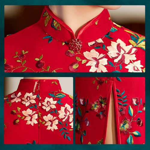 Retro Chinese Dress oriental old shanghai Qipao  big red bud silk cheongsam collar fashion embroidery cheongsam of cultivate morality short sleeve dress