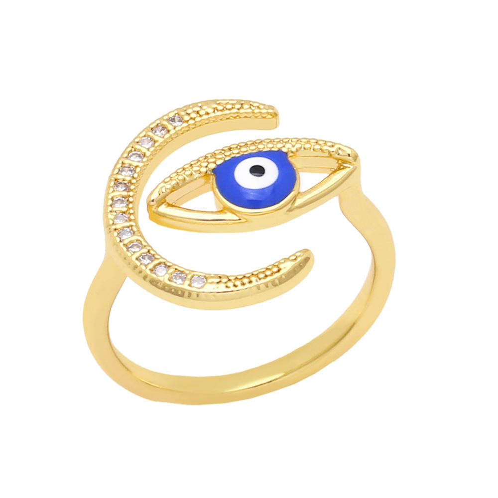 Copper 18K Gold-plated Inlaid Zircon Moon Devilu0027s Eye Adjustable Ring