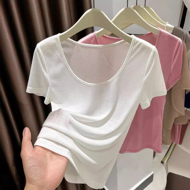 Modal All-match White Low Collar Shoulder Short-sleeved T-shirt Women's Summer Skin Top Thin Inner Base Shirt