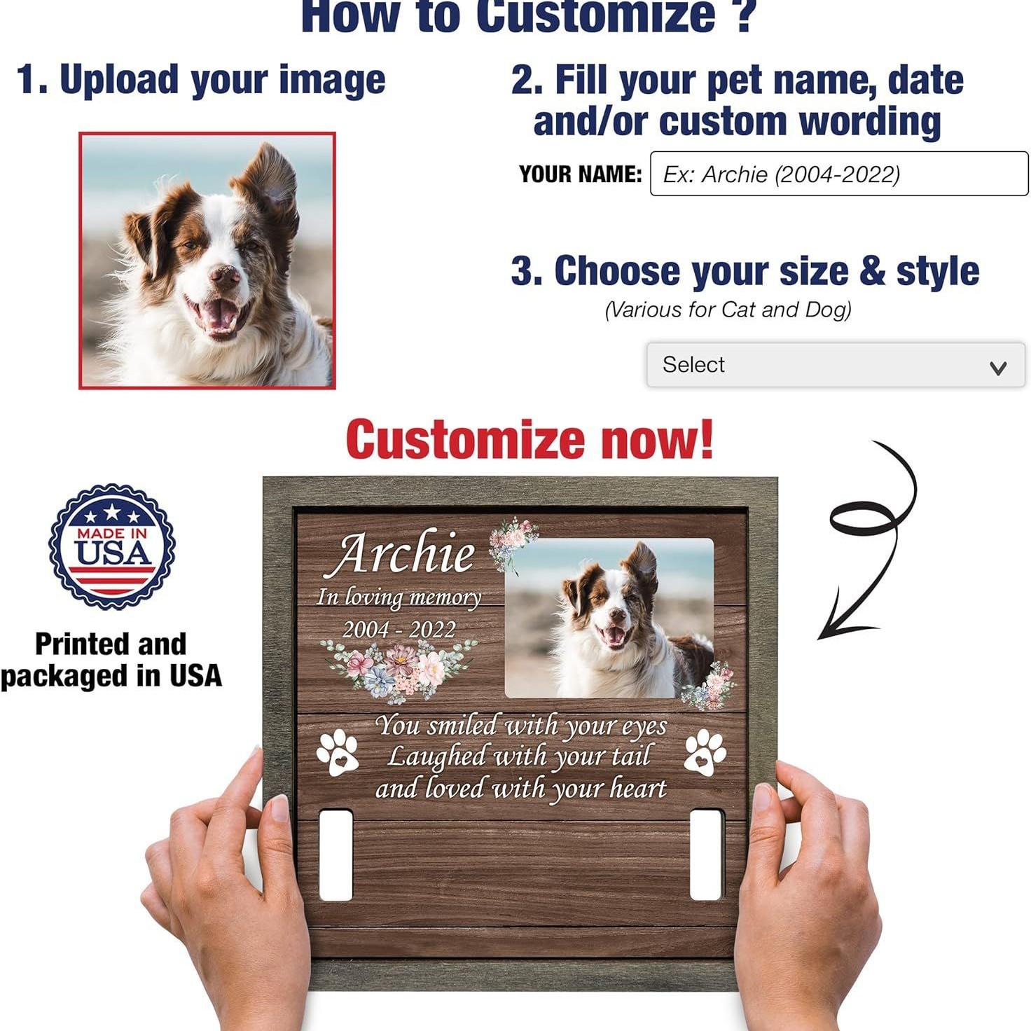 El marco de fotos conmemorativo del animal doméstico de madera puede sostener la tabla del rollo de la flor del collar marco de fotos del animal doméstico regalo perdido del animal doméstico de madera