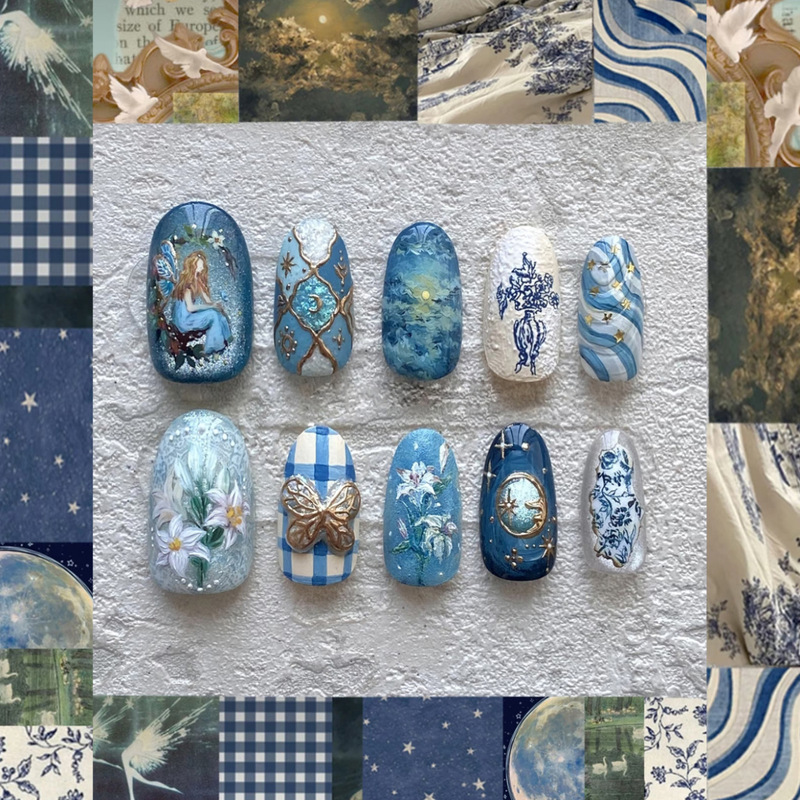 Wm-351 Midsummer Dream Blue False Nails Almond Blue Gentle Elegant Floral Mysterious 24 Pieces Wearable Nails Wholesale