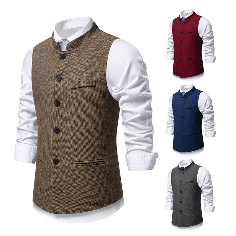 2026 Cross-Border Amazon Autumn New Men's Retro European Size Stand Collar Herringbone High-End Solid Color Suit Vest