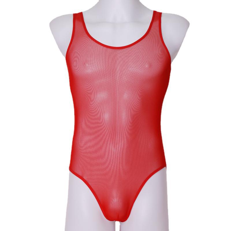 Gran malla elástica de los hombres mono coquetear sexy tentación bolsa de huevo ropa interior tres colores opcional entrega de una sola pieza