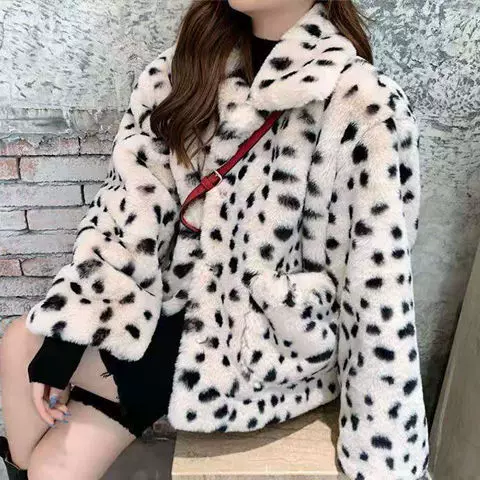 Leopard Print Women's Short Jacket 2025 Autumn and Winter Fashion Loose Large Lapel Imitation Rex Rabbit Velvet Fur Jacket Wholesale