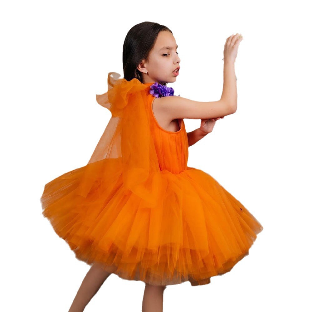 오렌지  생일 공주 원피스 2025 새로운 대외 무역 민소매 목 귀여운 꽃 소녀 공연 어린이 원피스