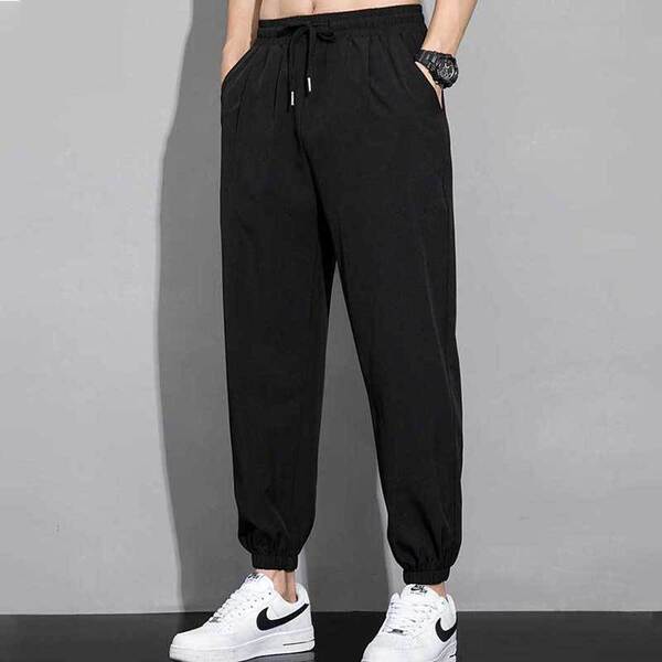 2024 Men's Summer Thin Casual Pants Quick-Drying Sports Sweatpants Loose Leg-Tie Harem Pants Trendy Brand Nine-Point Pants