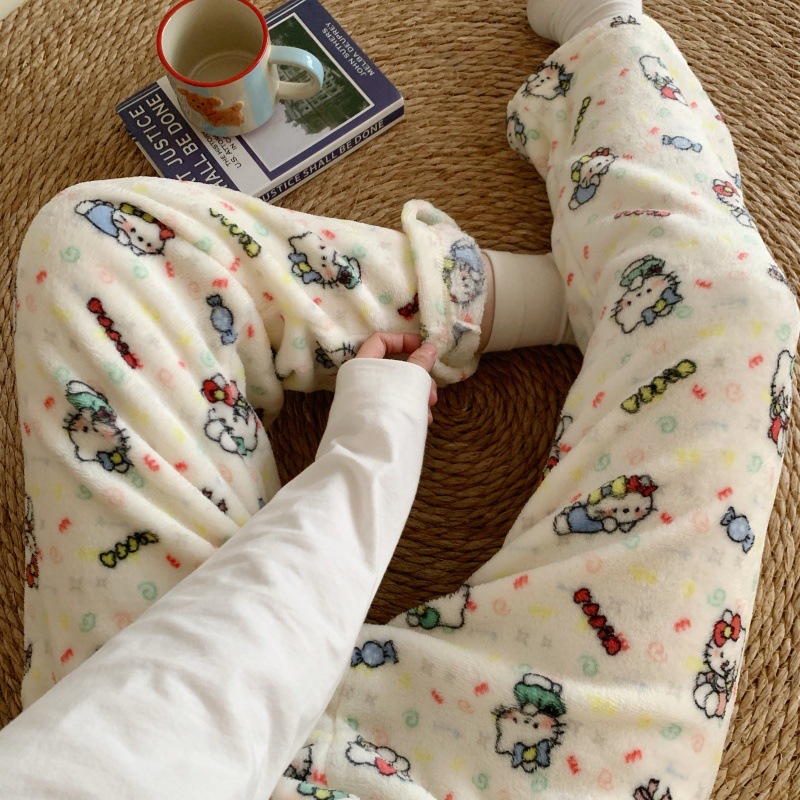 Pantalones de pijama de franela de dibujos animados de otoño y invierno para mujeres con pantalones de lana de coral caliente para estudiantes de lana de invierno para el hogar
