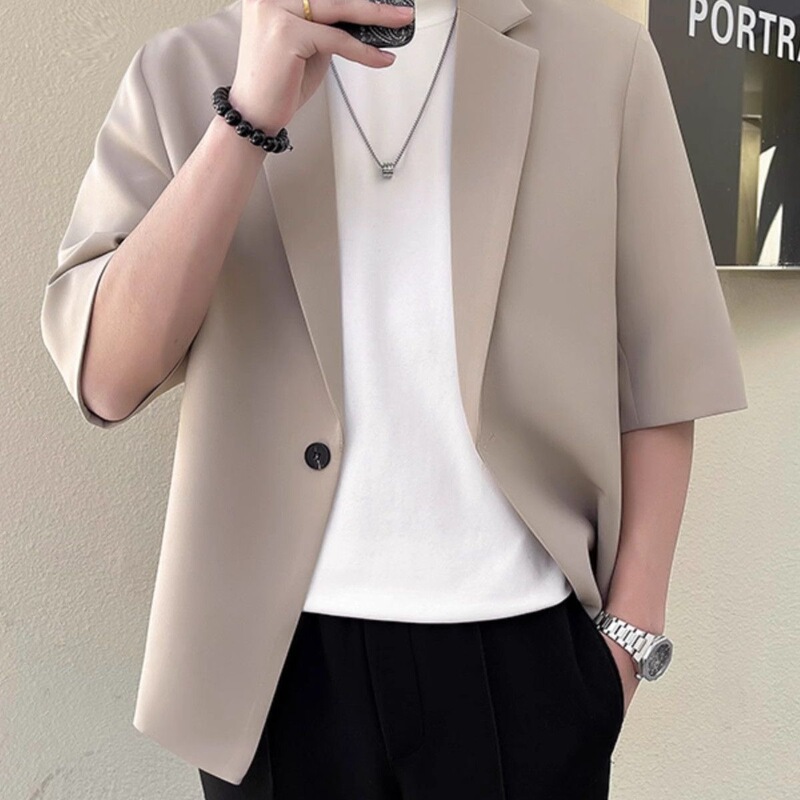 Korean Style Light Mature Style Three-Quarter Sleeve Blazer for Summer, Slim-Fit Casual Suit for Slightly Overweight Men