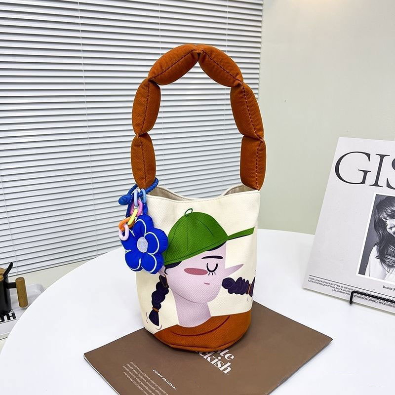 Nueva Ilustración Creativa correa de hombro llena de algodón bolsa de cubo bolsa de hombro Montaña y Mar Sutra portátil bolso de lona artística al por mayor