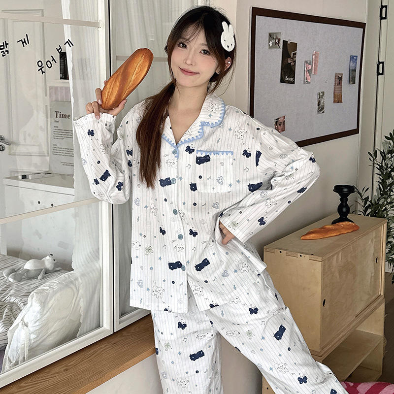Spring and Autumn New Style Pure Cotton Brushed Loungewear Blue Cat Diary Can Be Worn Outside Cartoon Cute All-Cotton Couple Pajamas