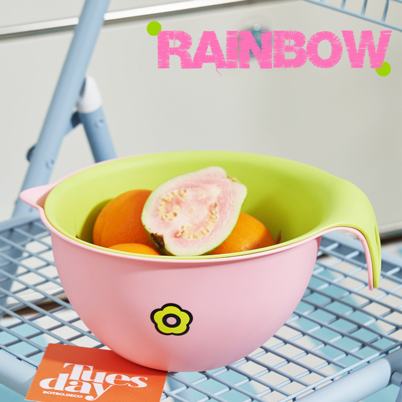 持ち手付きプラスチック製デザイン性のある二層式キッチンフルーツ洗い・野菜準備用ドーパミン水切りかご|undefined
