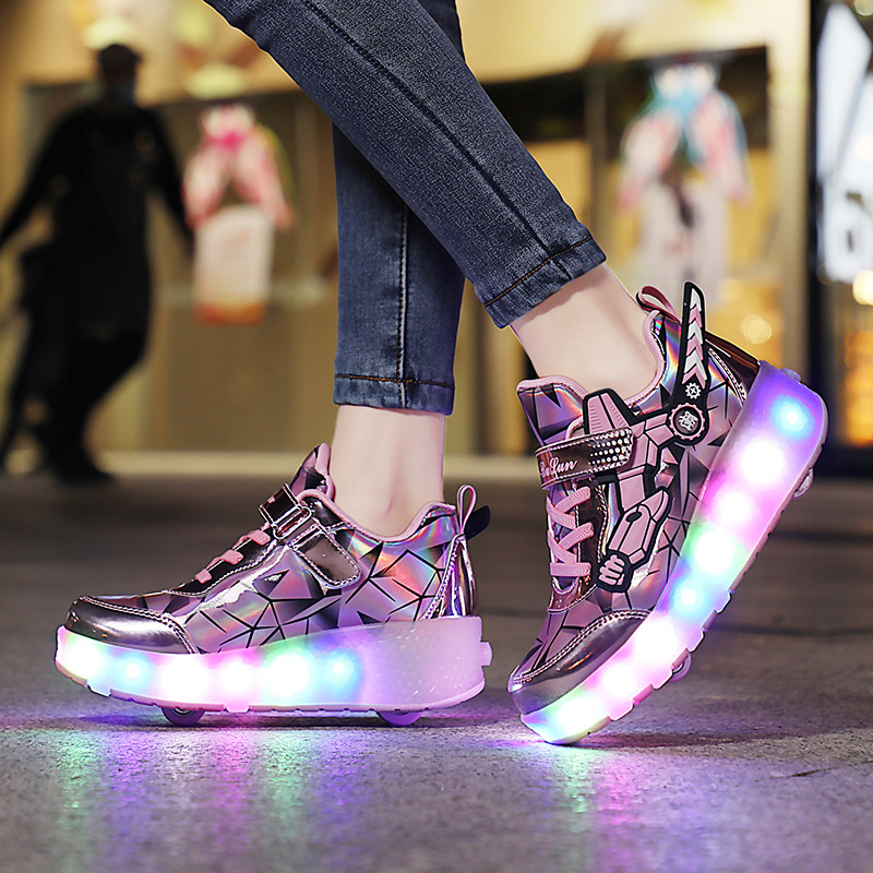 Dingjian spot wholesale two-wheel heloo shoes Children's luminous skating shoes roller shoes with light roller shoes manufacturers