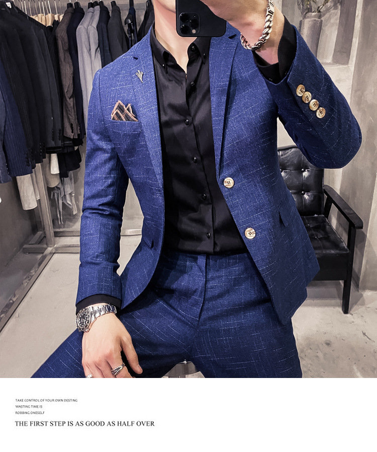 Men's Slim Fit Suit With Dark Pattern Two Button Jacket And Trousers_voghion.com