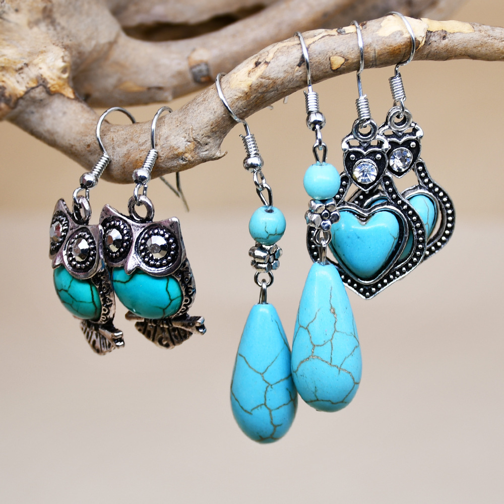 Boho Turquoise Water Drop Earrings Pendant Retro Ethnic Jewelry Women's Heart-shaped Earrings Jewelry Wholesale