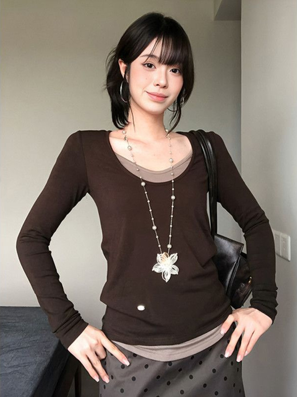 韩系慵懒假两件U领长袖T恤女秋季修身显瘦别致撞色拼接打底衫上衣|undefined