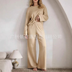 2025亚马逊欧美跨境秋冬女装纯色圆领针织华夫格休闲套装