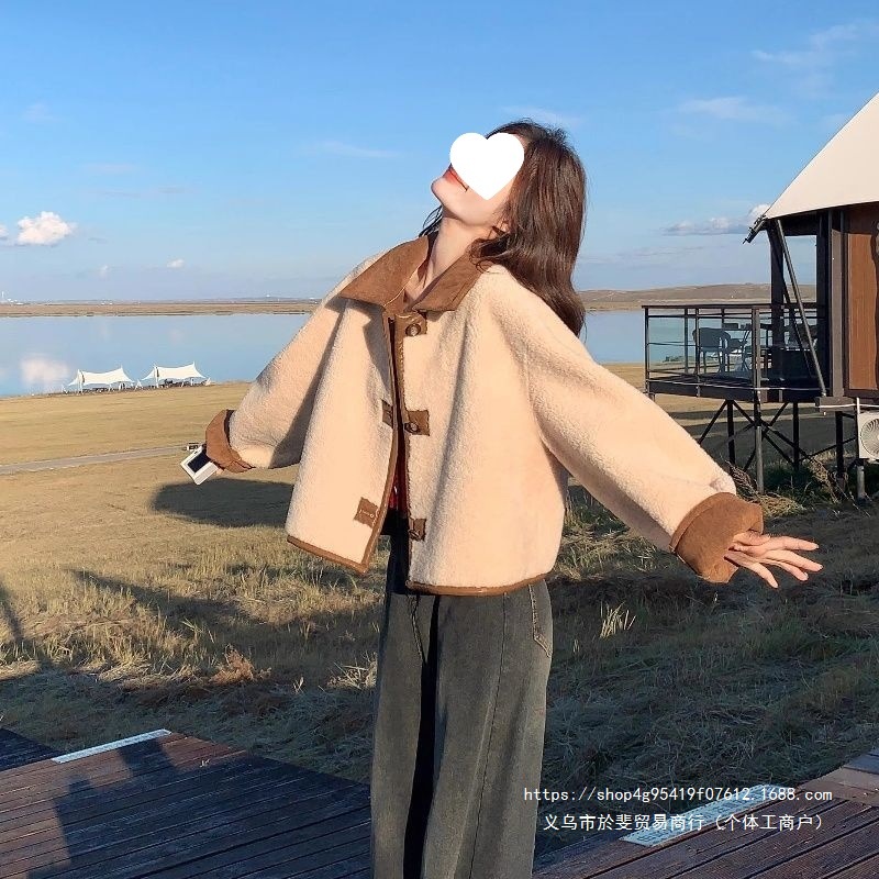 皮毛一体可双面穿羊羔毛外套女小个子时尚气质加厚短款麂皮绒上衣