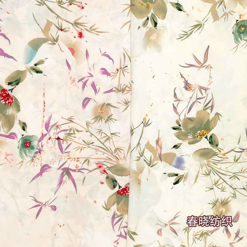 破卡平纹缎印花 新中式植物印花布 女装连衣裙旗袍防蚊裤垂坠面料