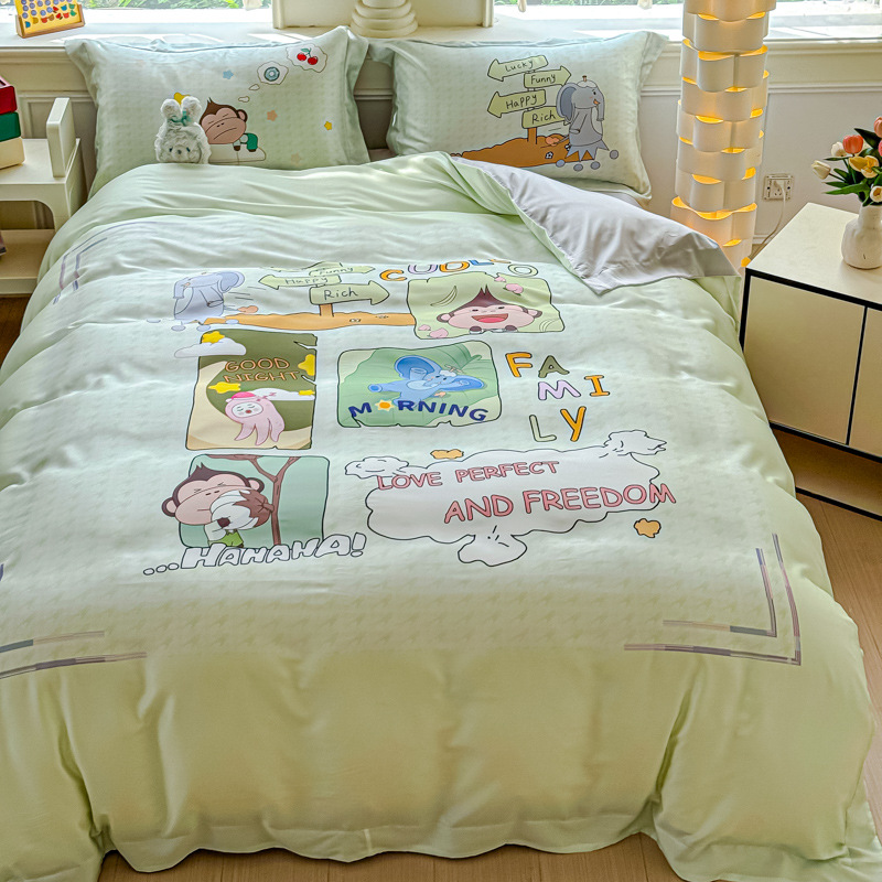 Summer Cool Ice Silk Quilt Cover Summer Cartoon Anime Style Lenzing Tencel Four-piece Set With A Cool Silky Feel, Duvet Cover And Bed Sheet For T_voghion.com