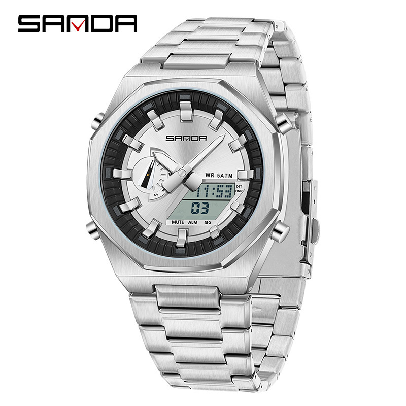 SANDA SANDA reloj electrónico sincronizado doble pantalla multifuncional reloj de hombre octogonal cuenta atrás reloj de pulsera de luz nocturna 3376