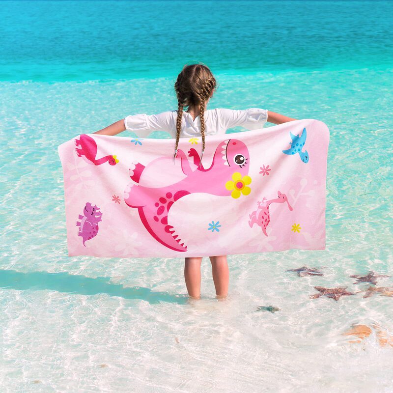 Cute Pink Dinosaur Girl Kids Beach Towel Pink Pool Swimming Towel for Girls Children Quick Dry