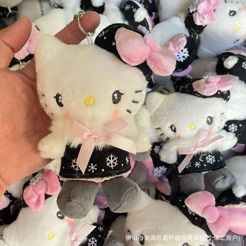 日系三丽噢NIC豹纹黑皮爱心扣短腿kitty包挂件毛绒凯蒂猫kt钥匙扣|undefined
