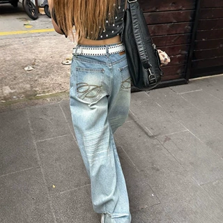 美式刺绣阔腿牛仔裤女宽松高腰梨形身材显瘦裤子女款阔腿拖地长裤