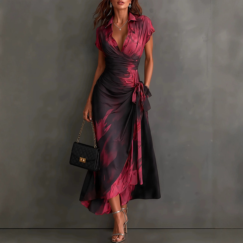 2026 European and American women's fashion: Ink print wrap dress with collar, short sleeves, waist-cinching, tie-waist, and slit, elegant lady dress 2026 European and American women's fashion: Ink print wrap dress with collar, short sleeves, waist-cinching, tie-waist, and slit, elegant lady dress