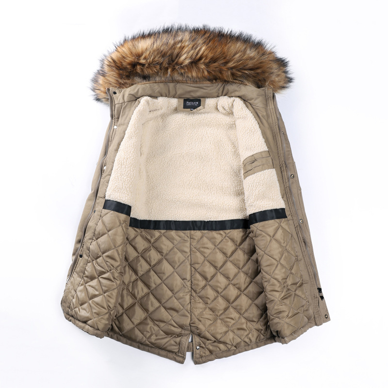 Algodão com pelúcia masculina de comprimento médio, casaco de algodão com vários bolsos de inverno engrossado, casaco de gola de lã para aquecimento_voghion.com