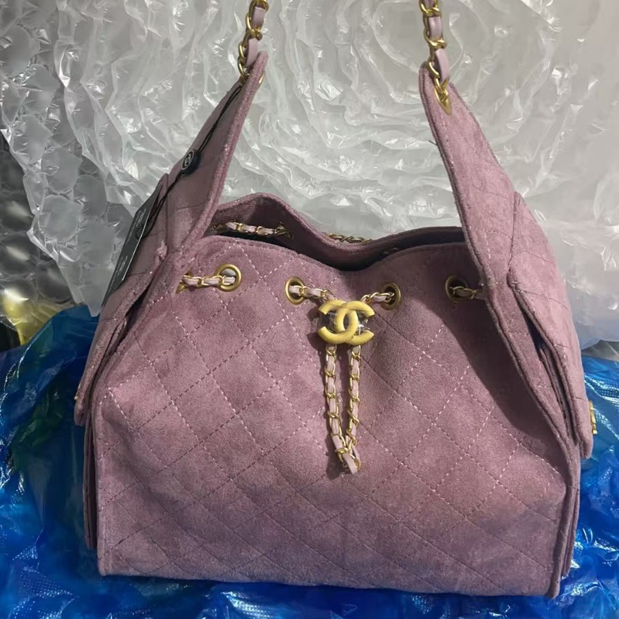 新小香25C抽绳嬉皮单肩包麂皮hobo腋下包真皮菱格链条水桶包女bao