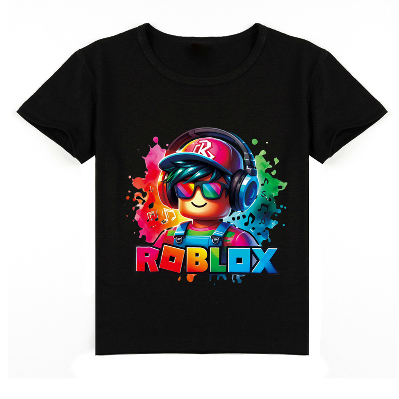Roblox Kidsren's Short-Sleeved T-Shirt 2024 Summer Cotton Cartoon Printed Tops for Boys and Girls, Trendy Brand Versatile