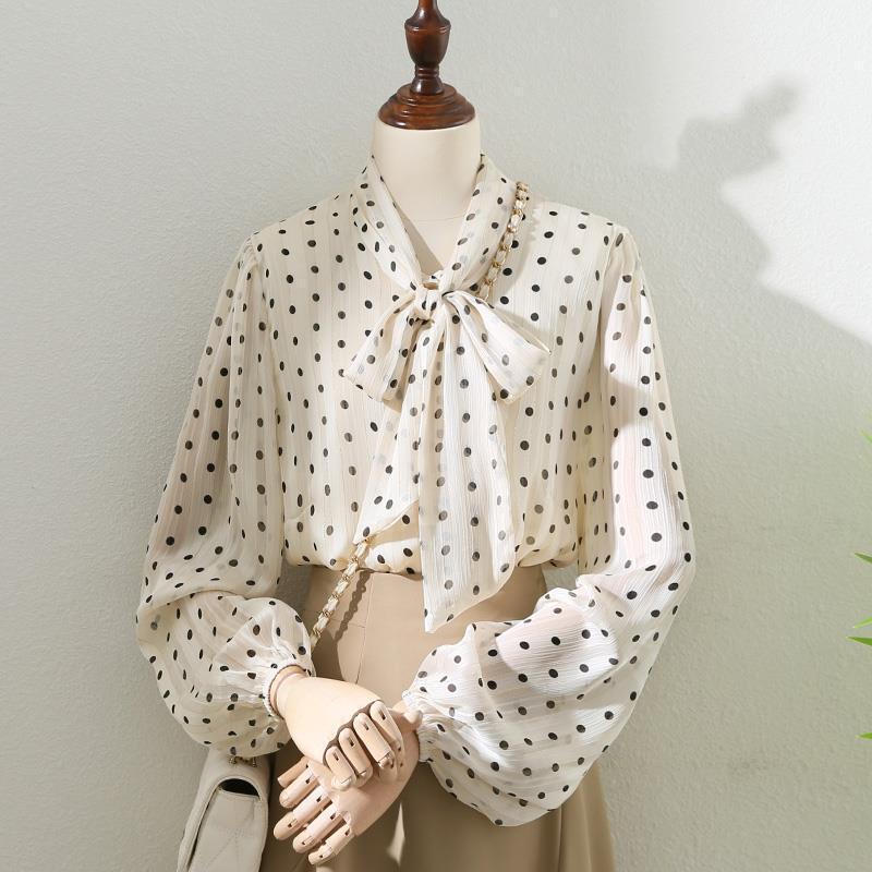 Retro Hong Kong Style Apricot Polka Dot Long-Sleeved Shirt for Women 2026 Autumn New Style Bow Ribbon Lantern Sleeve Top