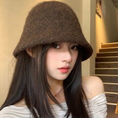 韩系纯色毛绒渔夫帽女秋冬日系防寒保暖水桶帽子遮脸显脸小盆帽