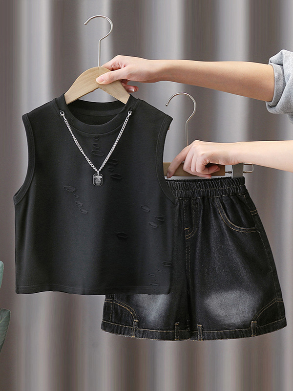 7323 traje de verano para niños 2025 nuevo chaleco negro para niños de dos piezas ropa sin mangas de verano fresco y guapo verano