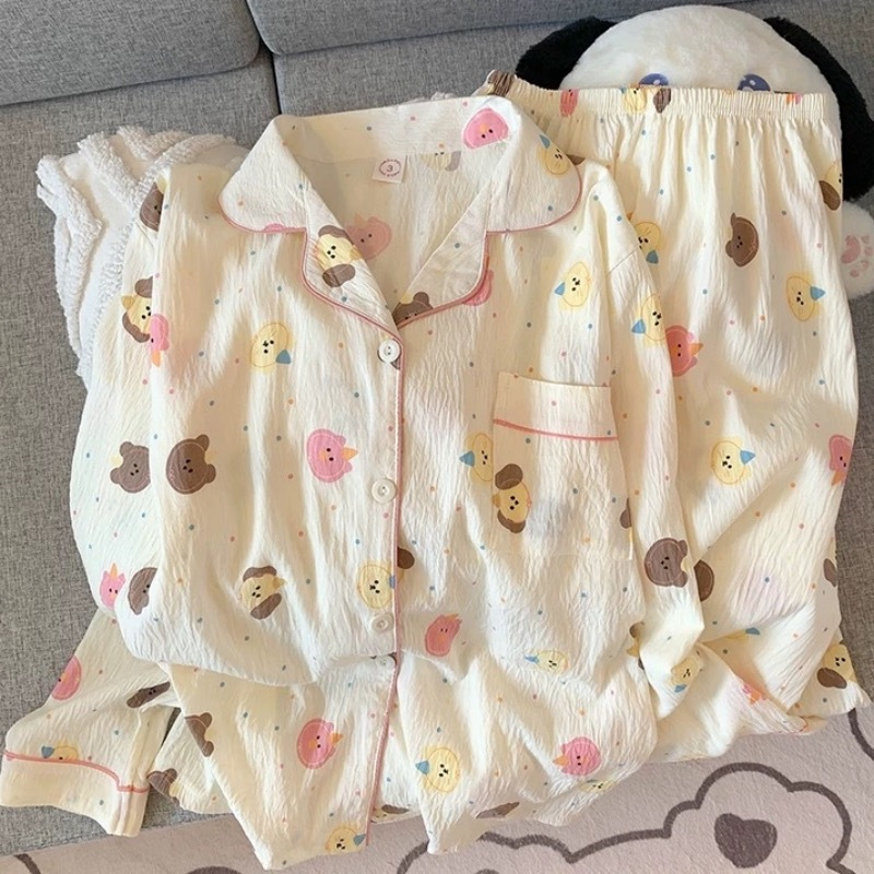 睡衣女春秋季新款云朵棉合集长袖长裤翻领可爱卡通少女甜美家居服|undefined