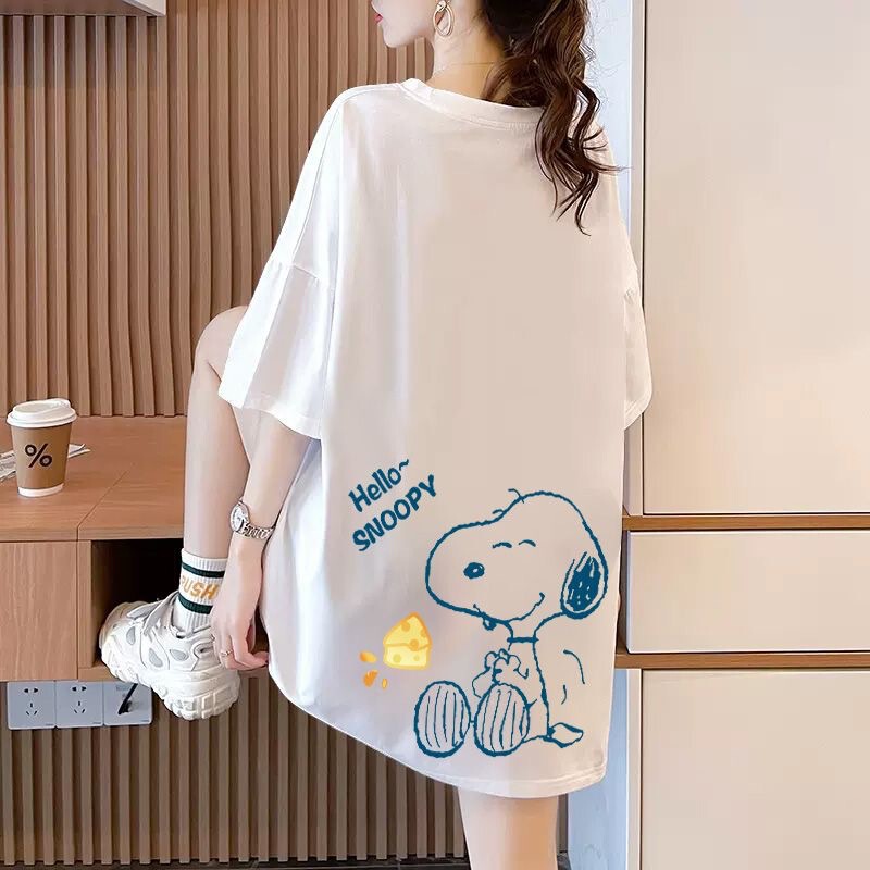 Pure Cotton Mid-Length Hip-Covering Snoopy Korean Style Short-Sleeved T-Shirt for Women, Lazy Niche, Versatile Slimming Look and Age-Reducing Top