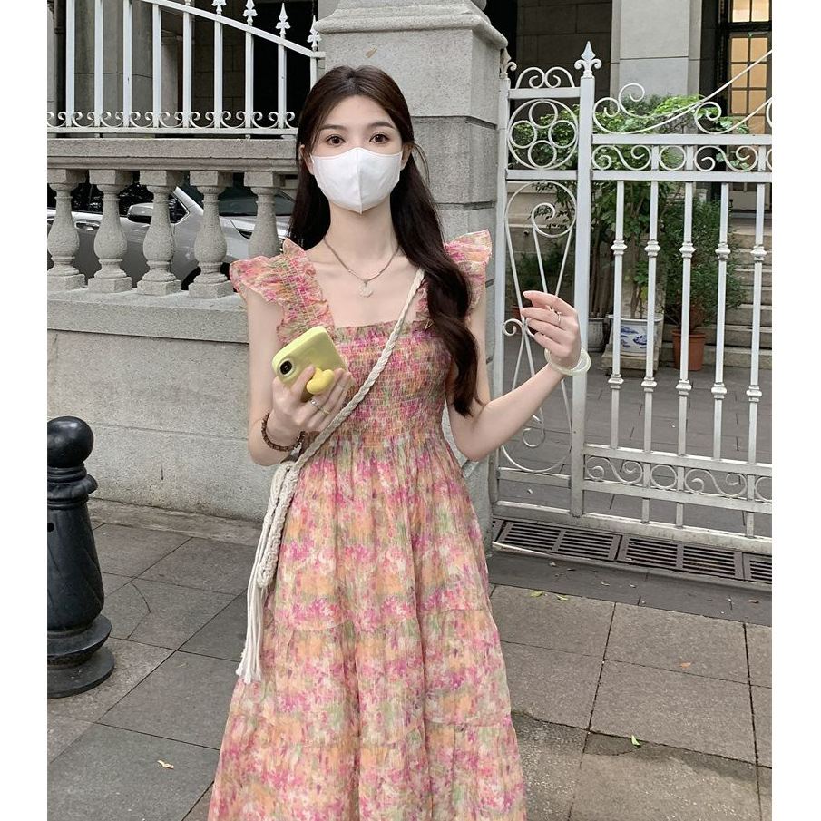 여성을위한 프렌치 스타일 작은 플라잉 슬리브 꽃무늬 서스펜더 드레스 여름 허리 슬리밍 달콤한 연령 감소 해변 휴가 해변 드레스