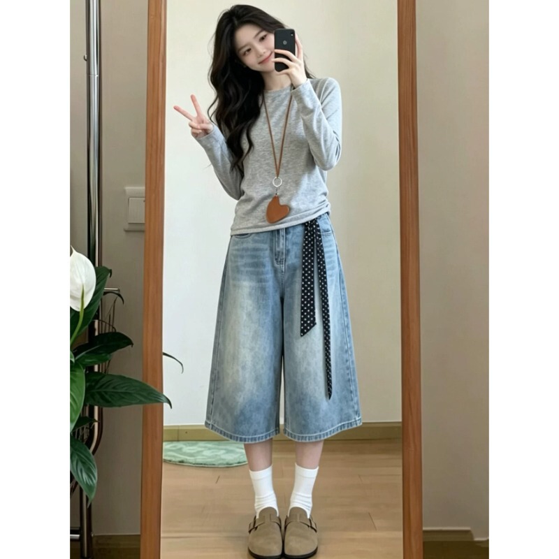 Retro Hot Girl High-Waisted Wide-Leg Denim Cropped Pants for Women, New Summer Style, Loose Fit for Pear-Shaped Body, Slimming Straight Pants